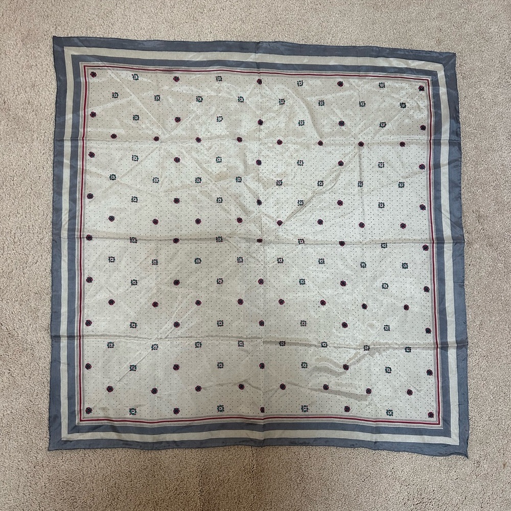Silk Floral Dot Patterned Square Scarf in Cream and Blue